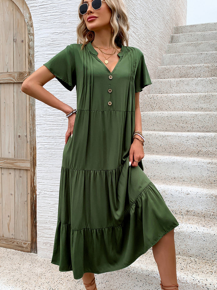Bouncing Doodle Tiered Notched Short Sleeve Midi Dress