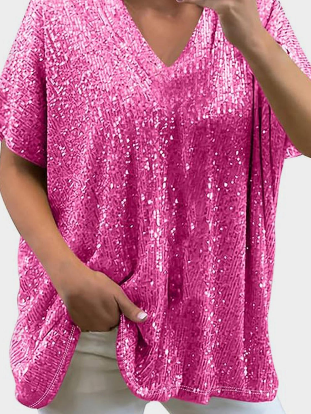 Bouncing Doodle Sequin V-Neck Short Sleeve Top