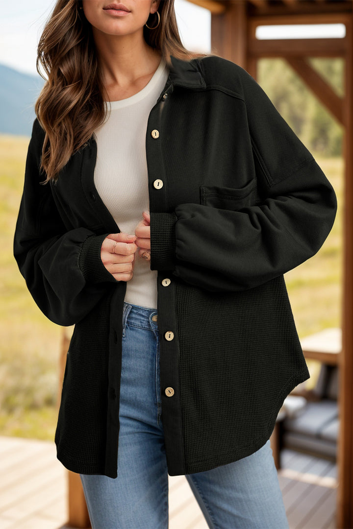 The Bouncing Doodle Waffle-Knit Collared Neck Long Sleeve Shacket