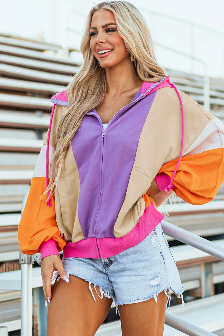 The Bouncing Doodle Color Block Zip Up Long Sleeve Hoodie