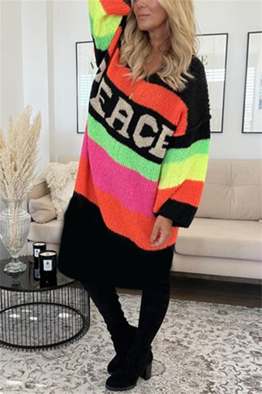 Bouncing Doodle Color Block V-Neck Long Sleeve Sweater Dress