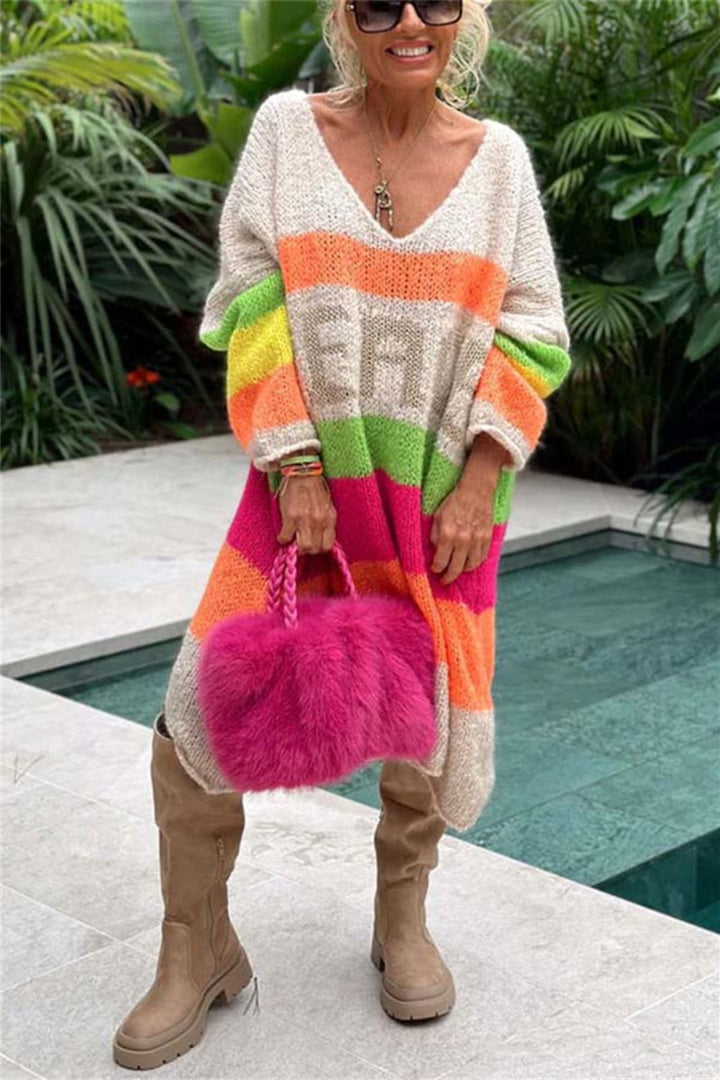 Bouncing Doodle Color Block V-Neck Long Sleeve Sweater Dress