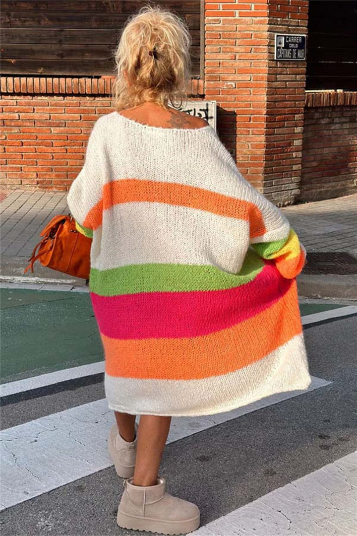 Bouncing Doodle Color Block V-Neck Long Sleeve Sweater Dress