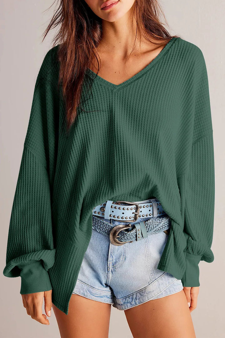 The Bouncing Doodle Waffle-Knit V-Neck Long Sleeve Top