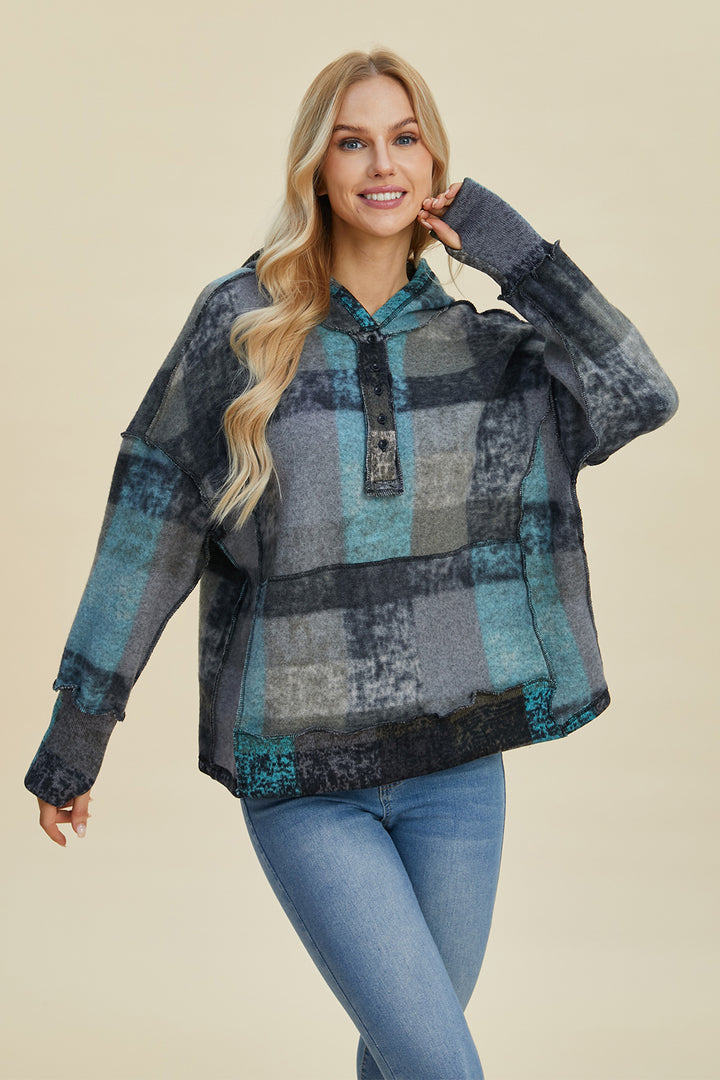The Bouncing Doodle Plaid Dropped Shoulder Hoodie