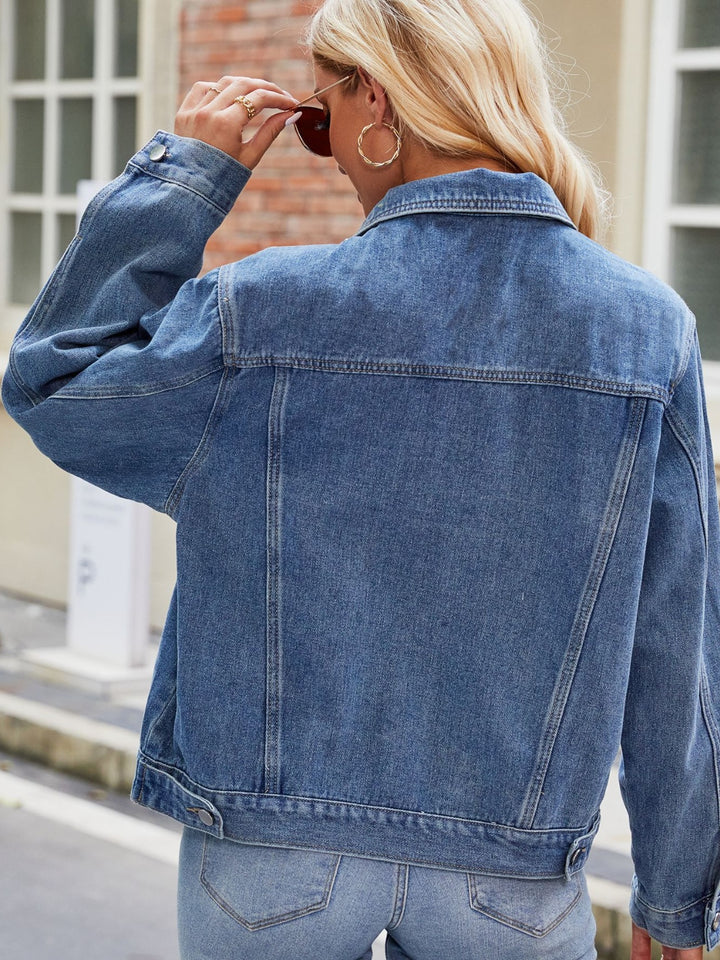 Bouncing Doodle Pocketed Collared Neck Denim Jacket