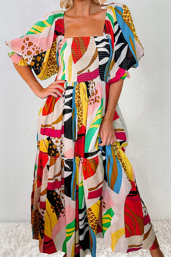 Bouncing Doodle Printed Square Neck Short Sleeve Midi Dress