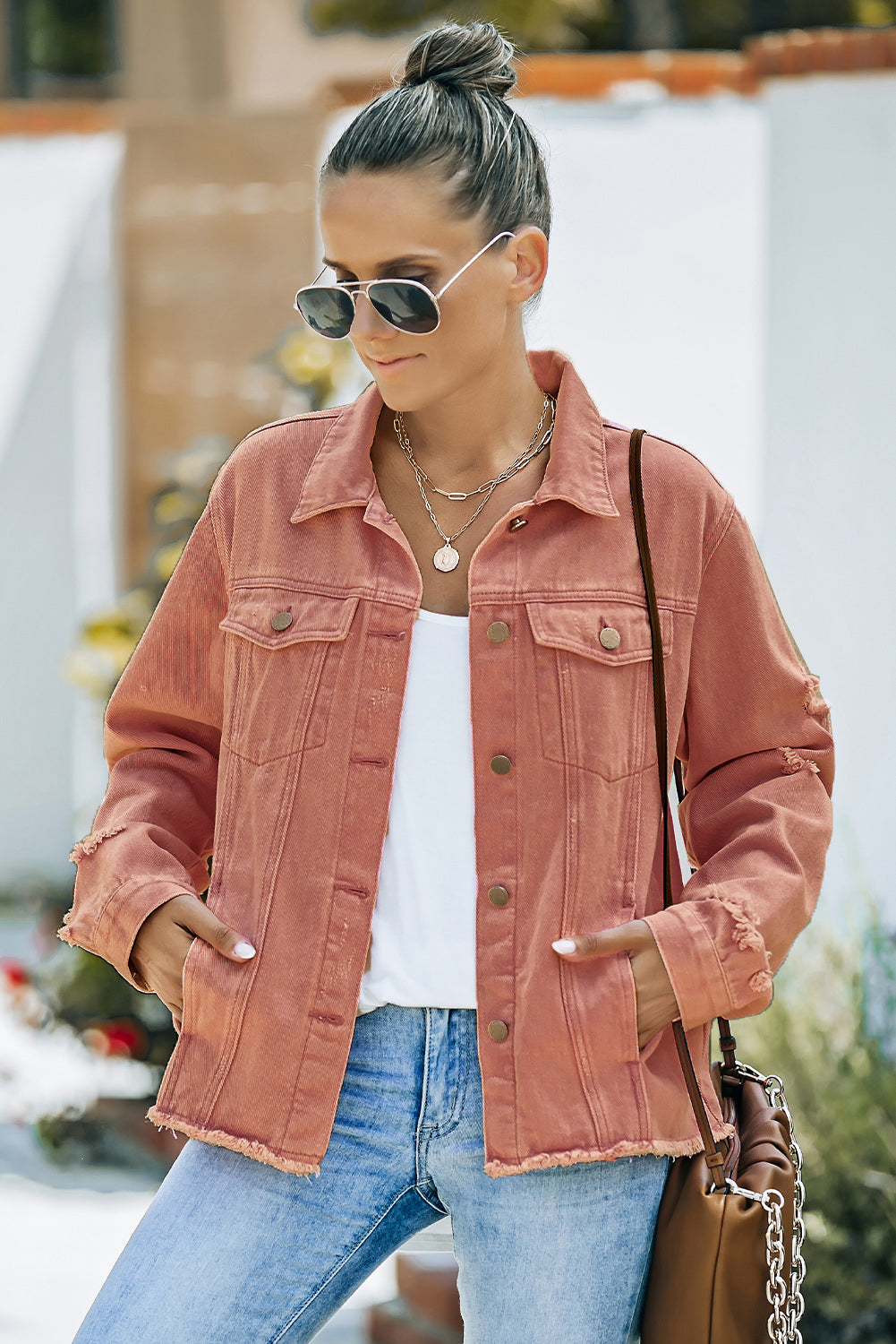 Bouncing Doodle Distressed Raw Hem Denim Jacket