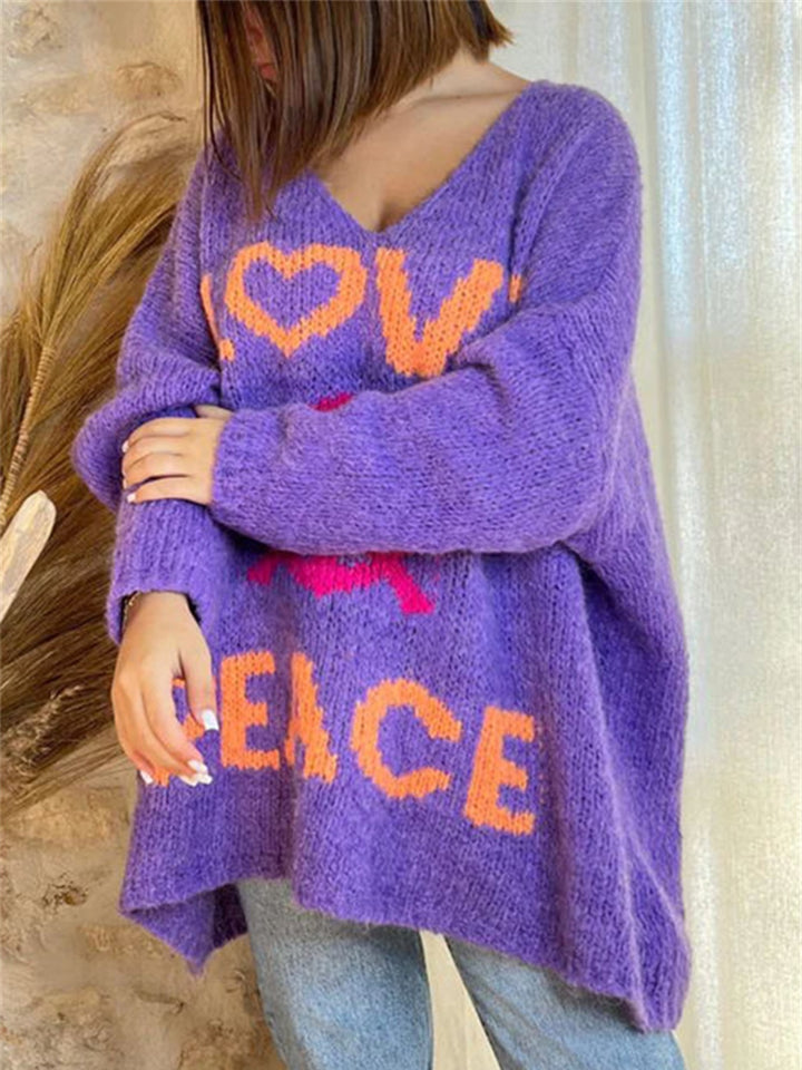 Bouncing Doodle Peace Graphic V-Neck Long Sleeve Sweater