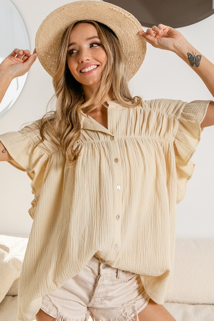 BiBi - Loose Fit Gauze Shirred Detail Top