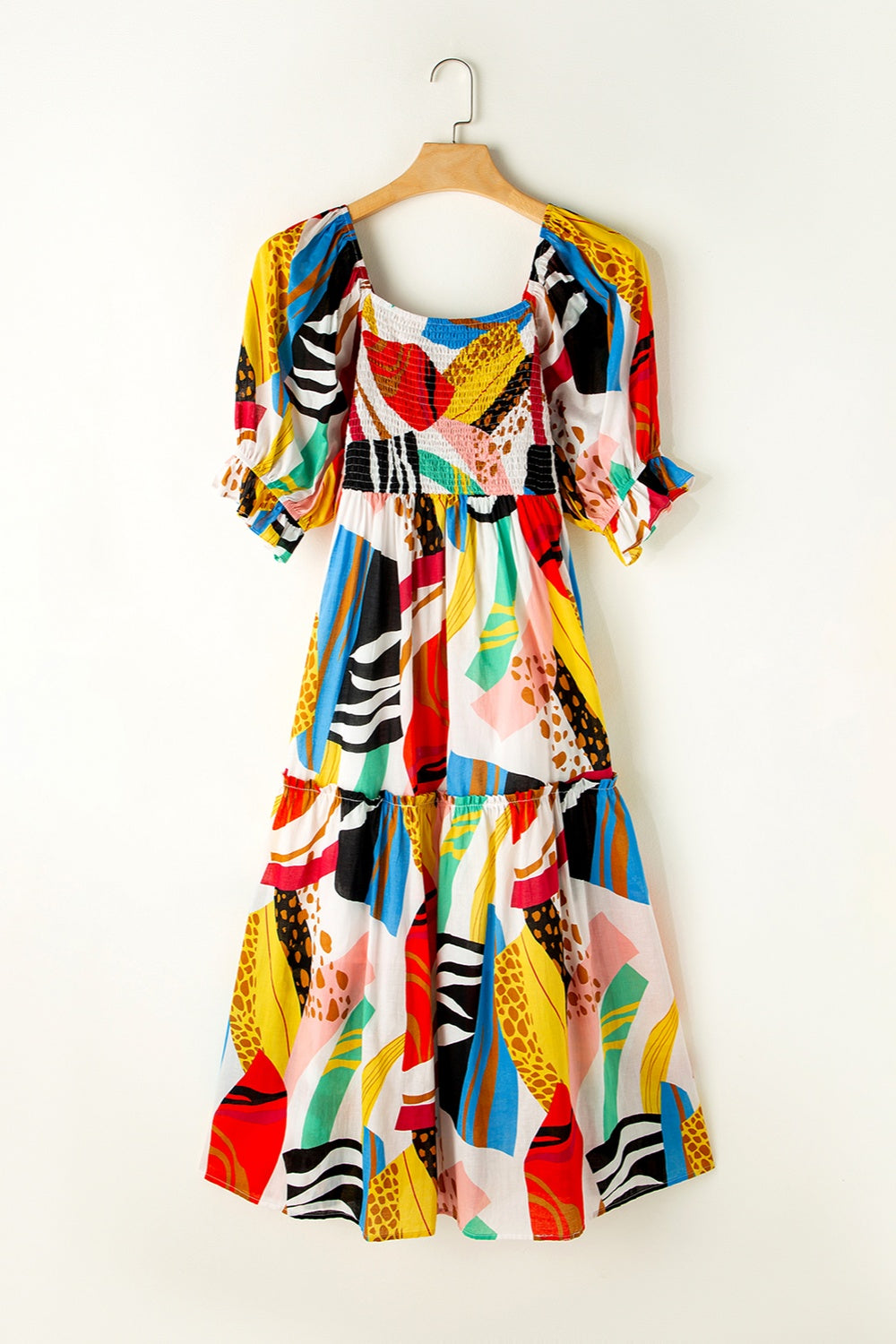 Bouncing Doodle Printed Square Neck Short Sleeve Midi Dress