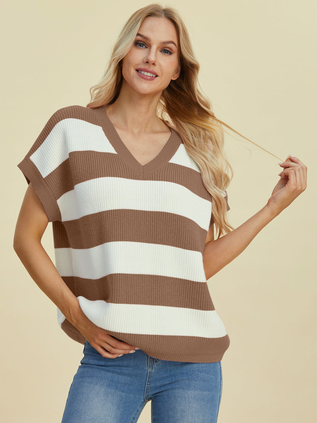 The Bouncing Doodle Striped V-Neck Short Sleeve Sweater
