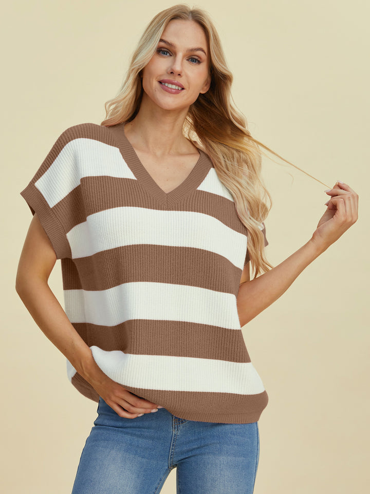 The Bouncing Doodle Striped V-Neck Short Sleeve Sweater