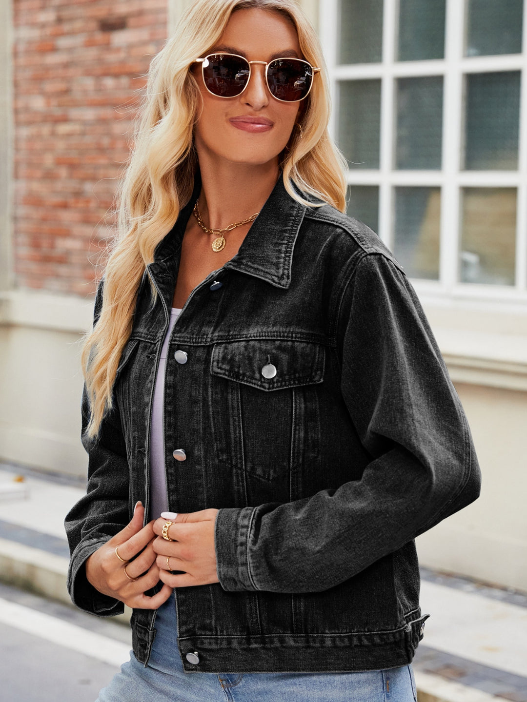 Bouncing Doodle Pocketed Collared Neck Denim Jacket