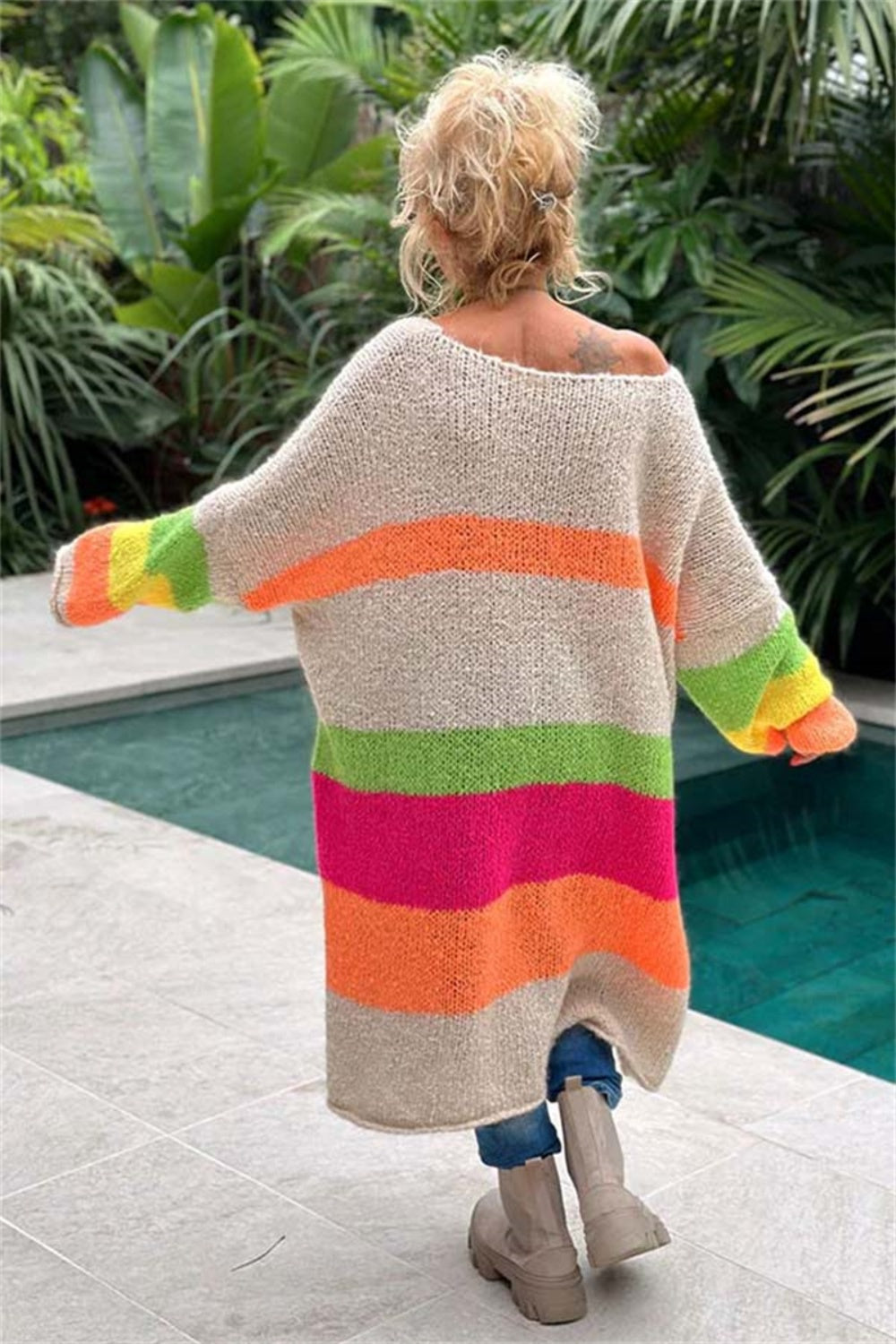 Bouncing Doodle Color Block V-Neck Long Sleeve Sweater Dress