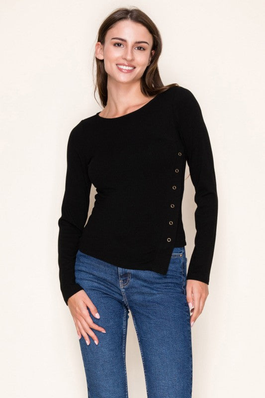 White Birch - Long sleeve side snap solid knit top