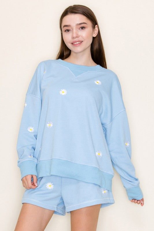 White Birch - Long sleeve solid knit top with dandelion detail