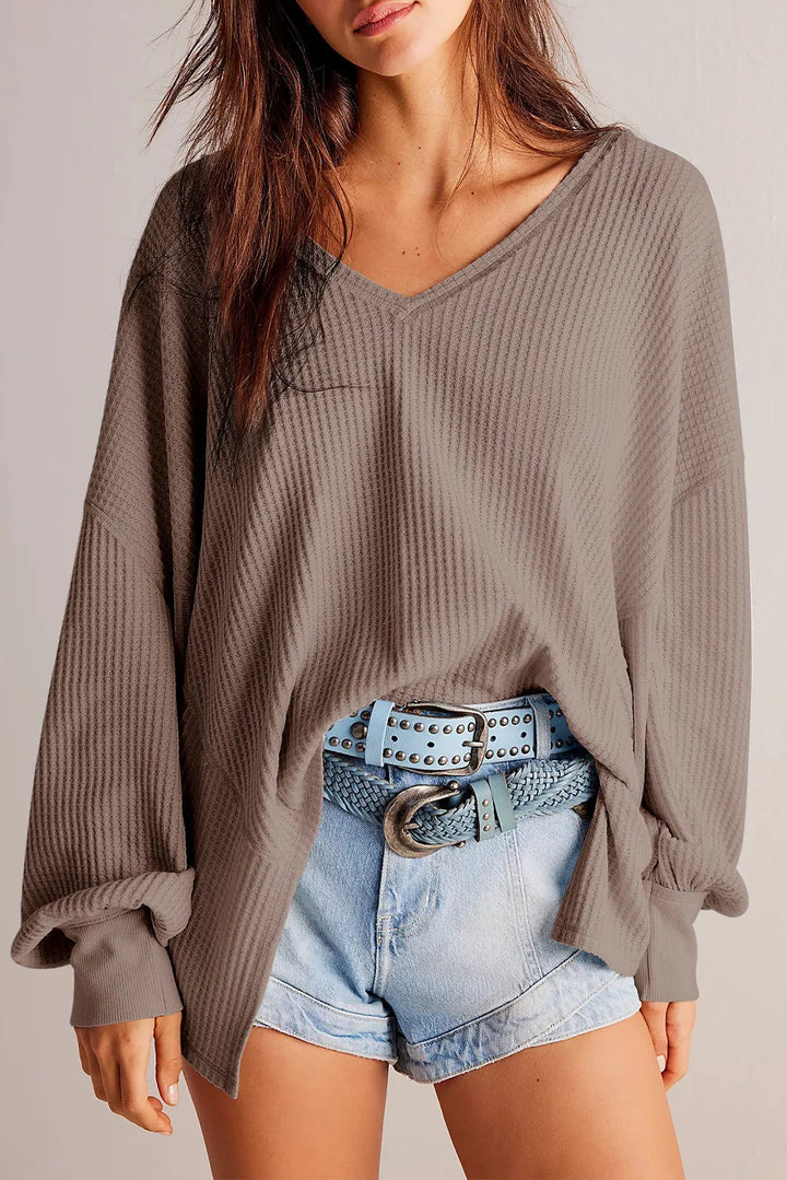 The Bouncing Doodle Waffle-Knit V-Neck Long Sleeve Top