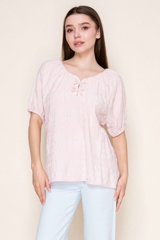 White Birch - Short sleeve solid knit top ribbon detail striped knit