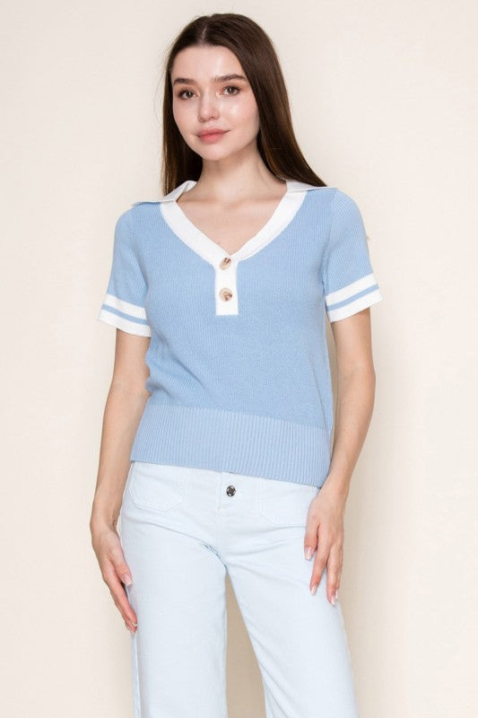 White Birch - Short sleeve solid knit top V-neck Striped