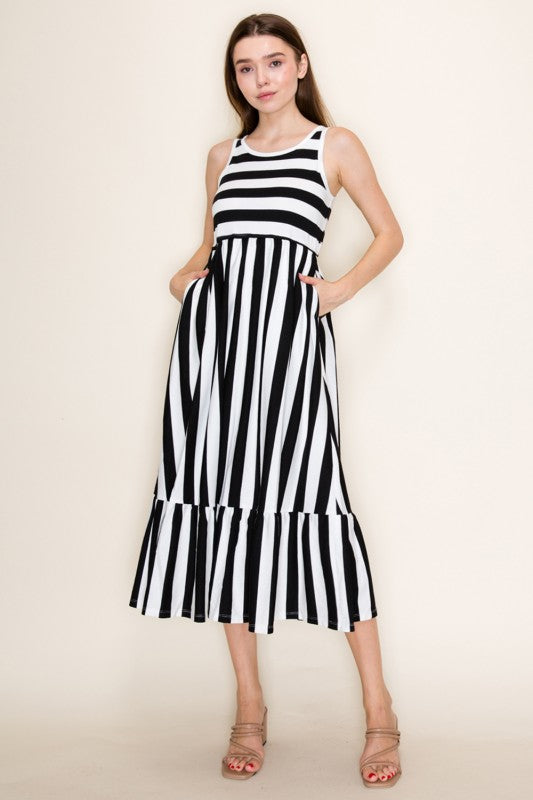 White Birch - Sleeveless striped round neck dress