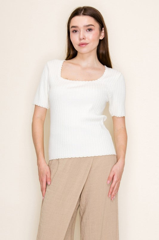 White Birch - Short sleeve solid knit top with a square neck
