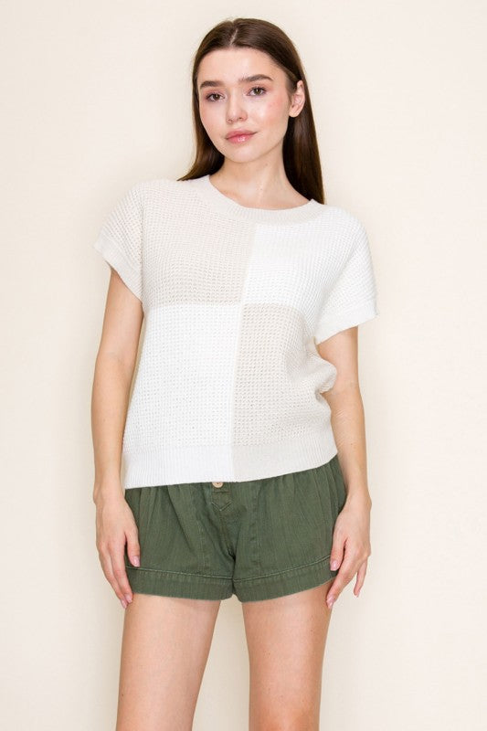 White Birch - Short sleeve solid knit top with a round neck