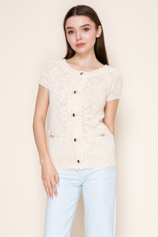 White Birch - Short sleeve solid knit top with a button down front
