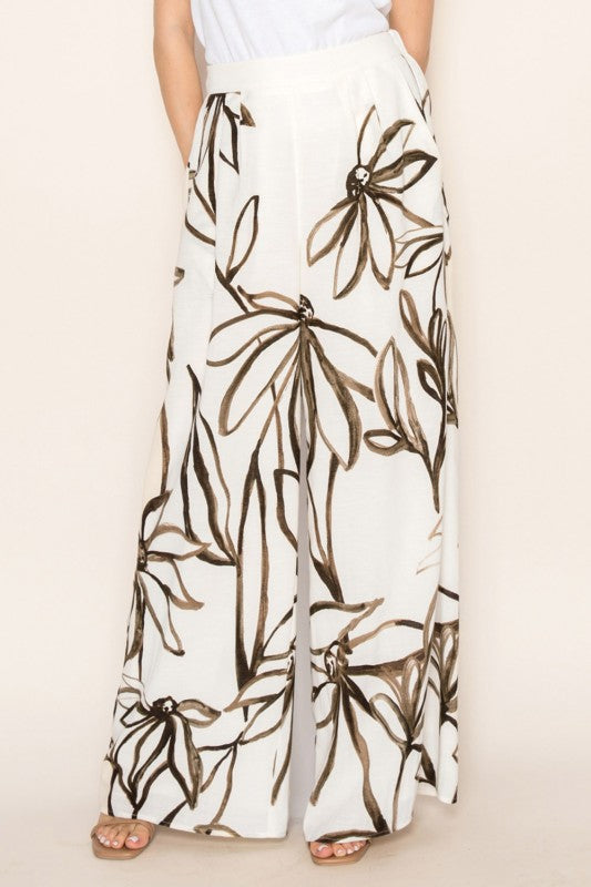 White Birch - High-waisted floral print knit pants