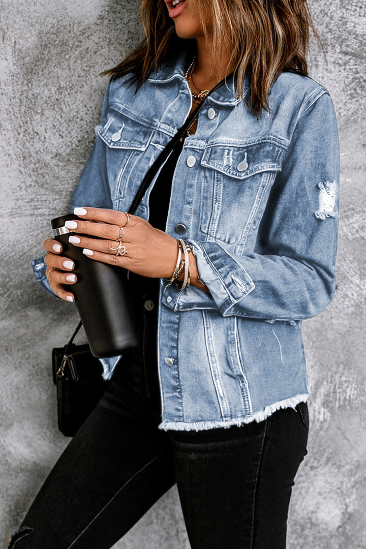 Bouncing Doodle Distressed Raw Hem Denim Jacket