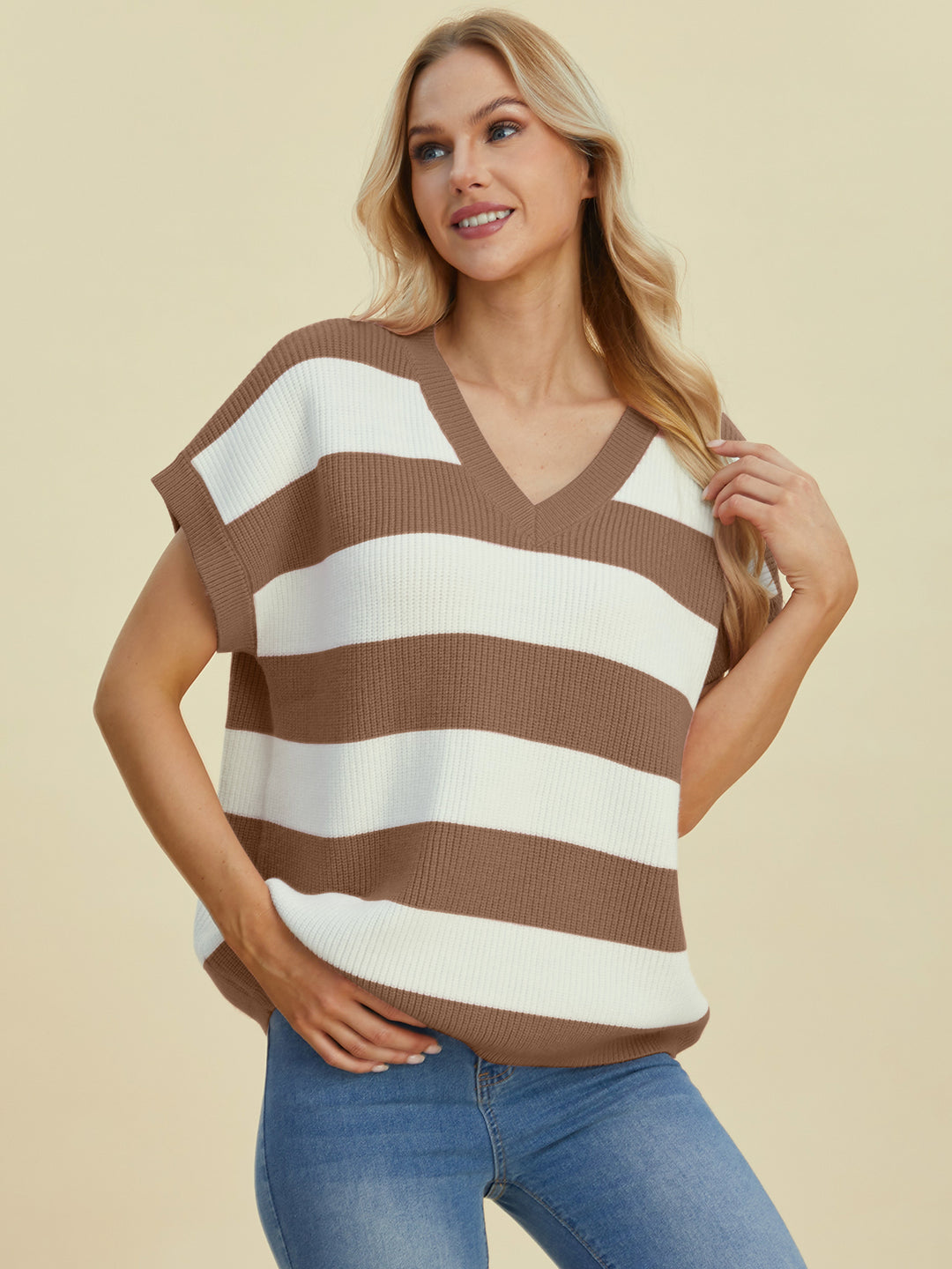 The Bouncing Doodle Striped V-Neck Short Sleeve Sweater