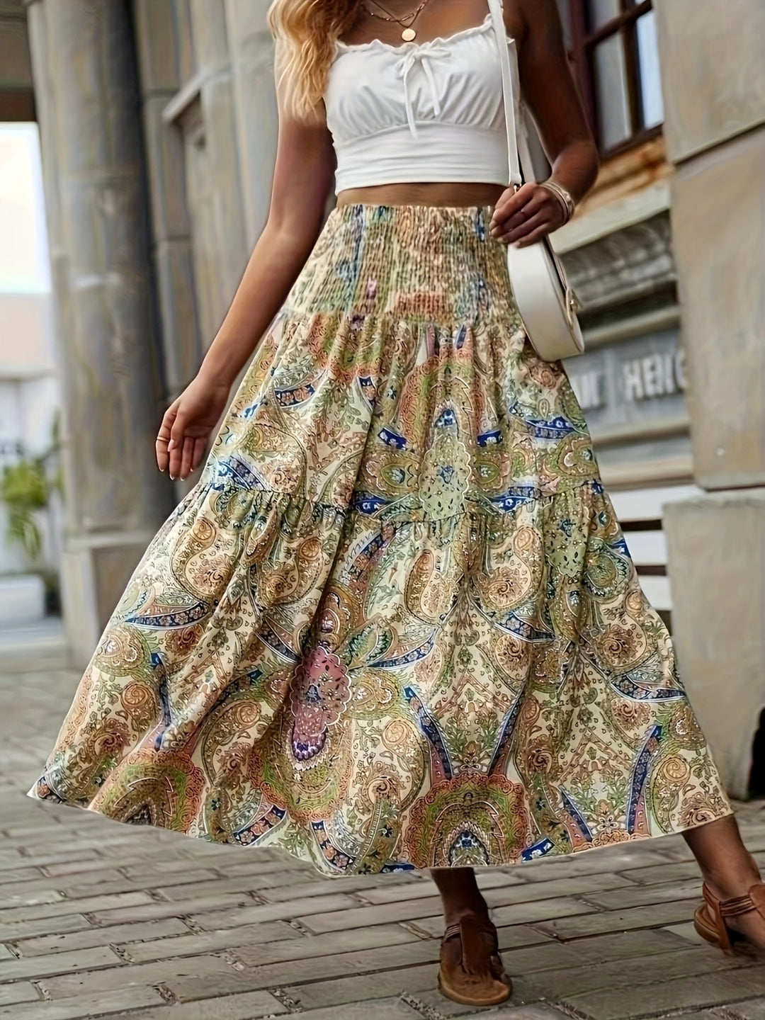 Bouncing Doodle Tiered Smocked Printed High Waist Skirt