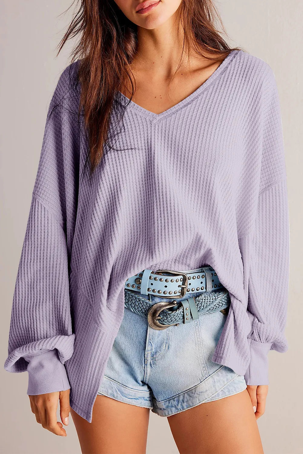 The Bouncing Doodle Waffle-Knit V-Neck Long Sleeve Top