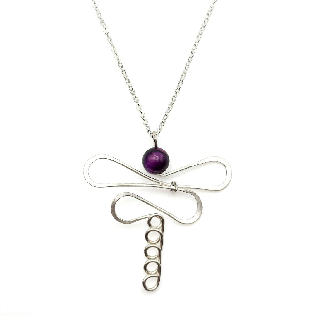Damsel silver dragonfly and purple tigers eye necklace
