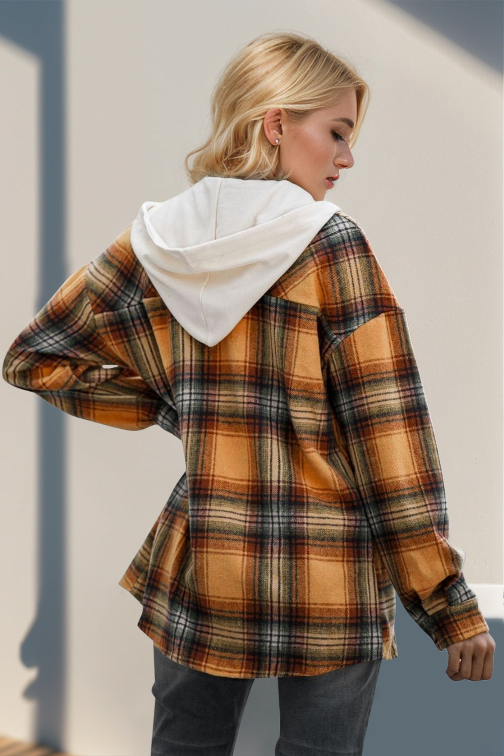 The Bouncing Doodle Drawstring Plaid Long Sleeve Hooded Shacket