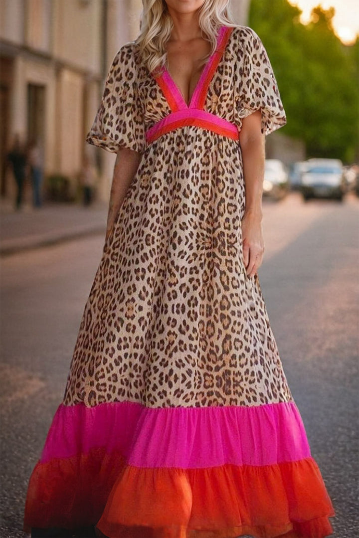 Bouncing Doodle Leopard V-Neck Half Sleeve Maxi Dress