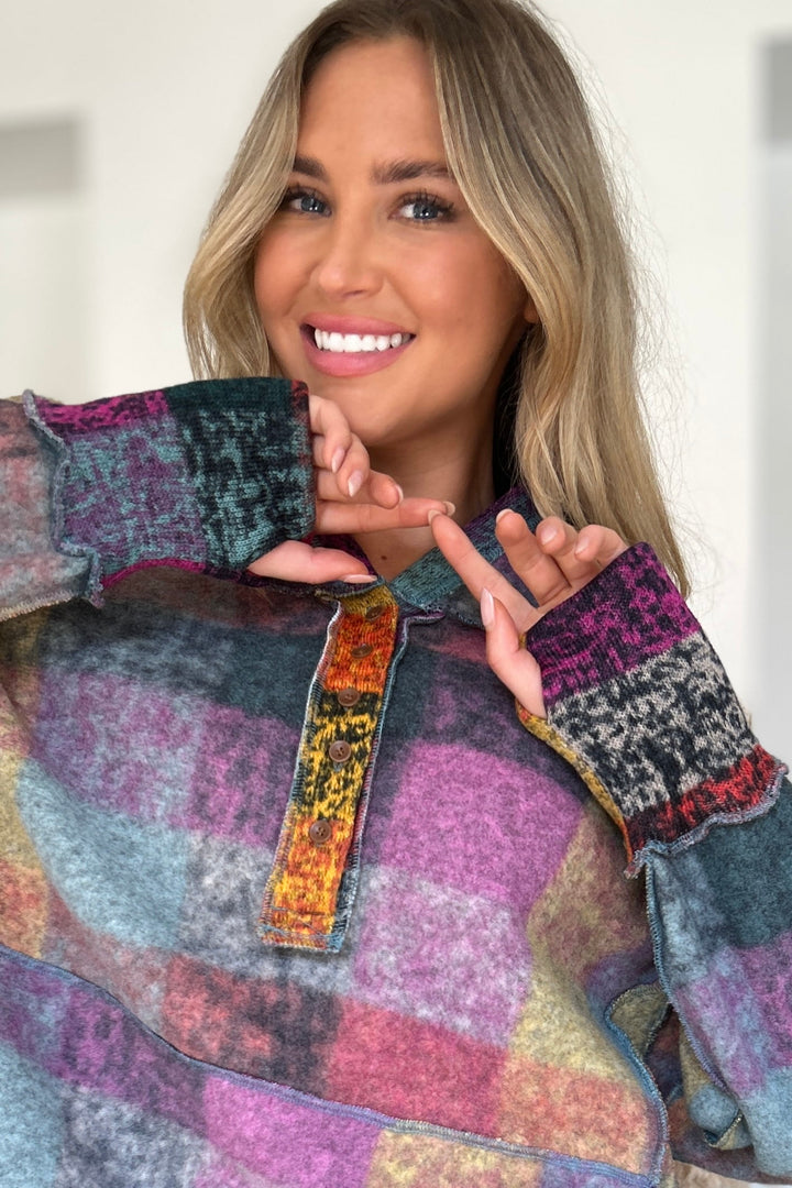 The Bouncing Doodle Plaid Dropped Shoulder Hoodie