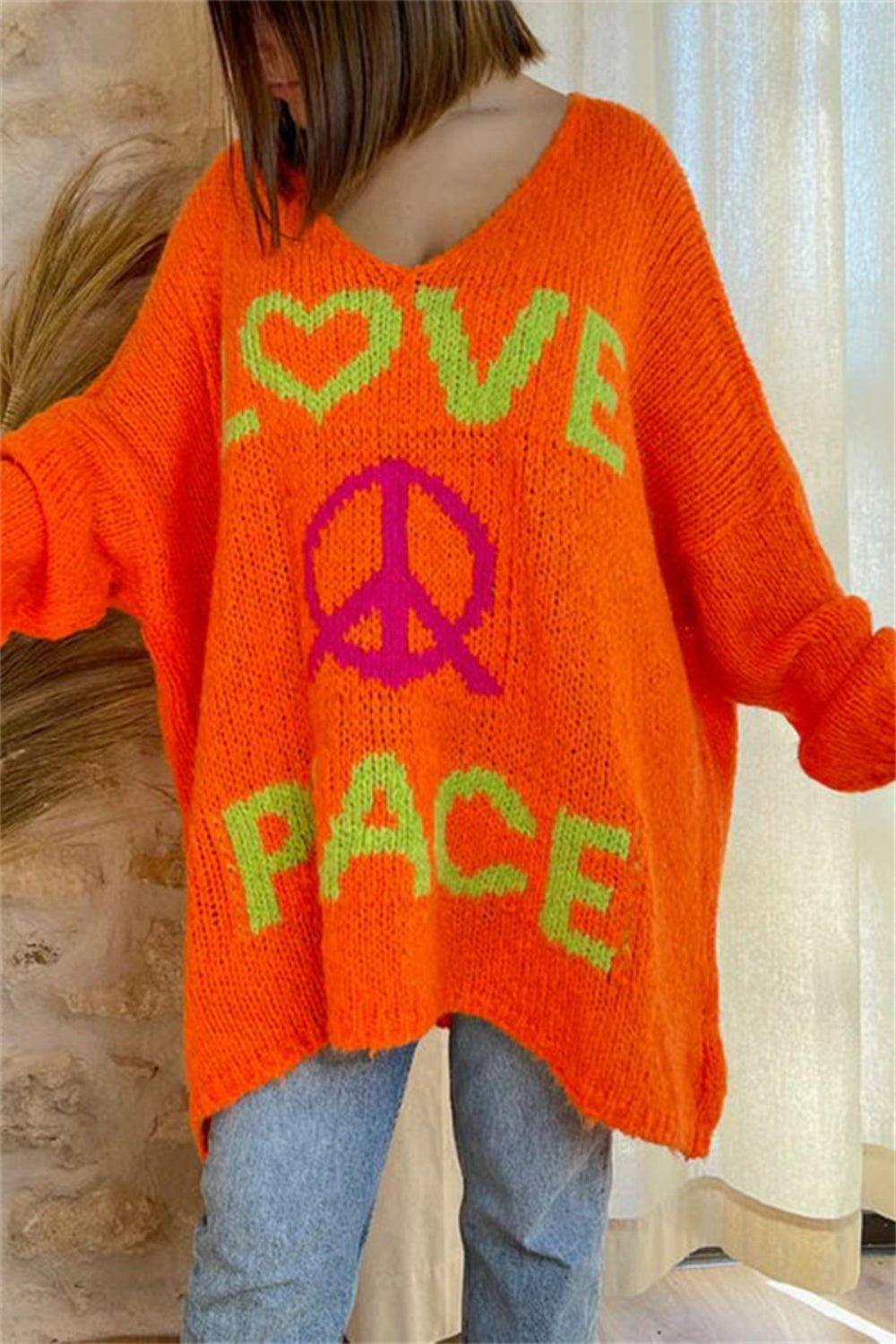 Bouncing Doodle Peace Graphic V-Neck Long Sleeve Sweater