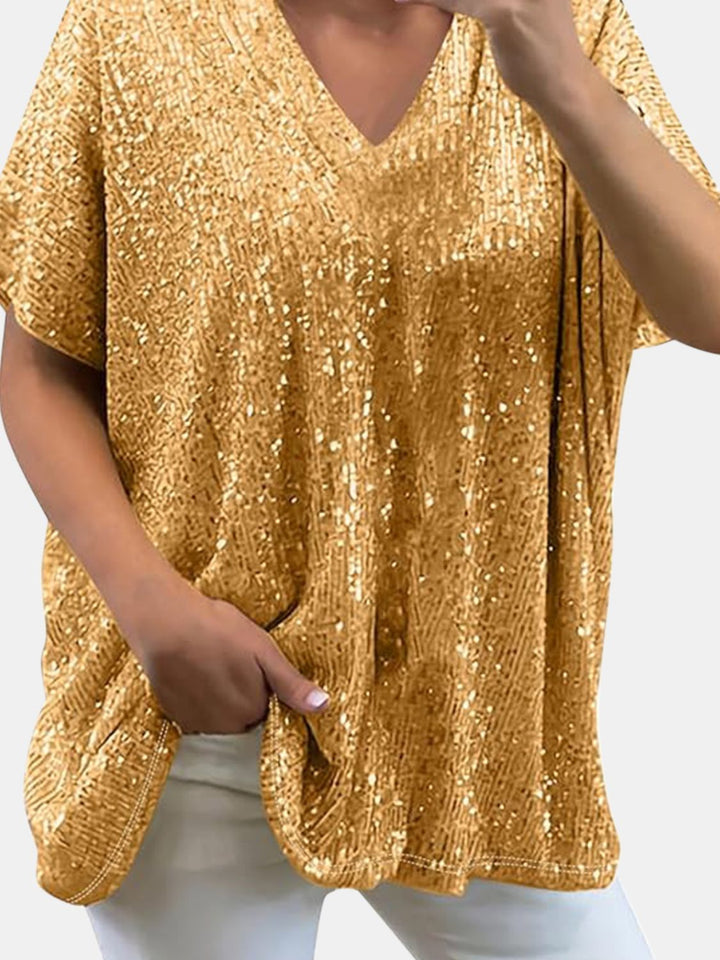 Bouncing Doodle Sequin V-Neck Short Sleeve Top