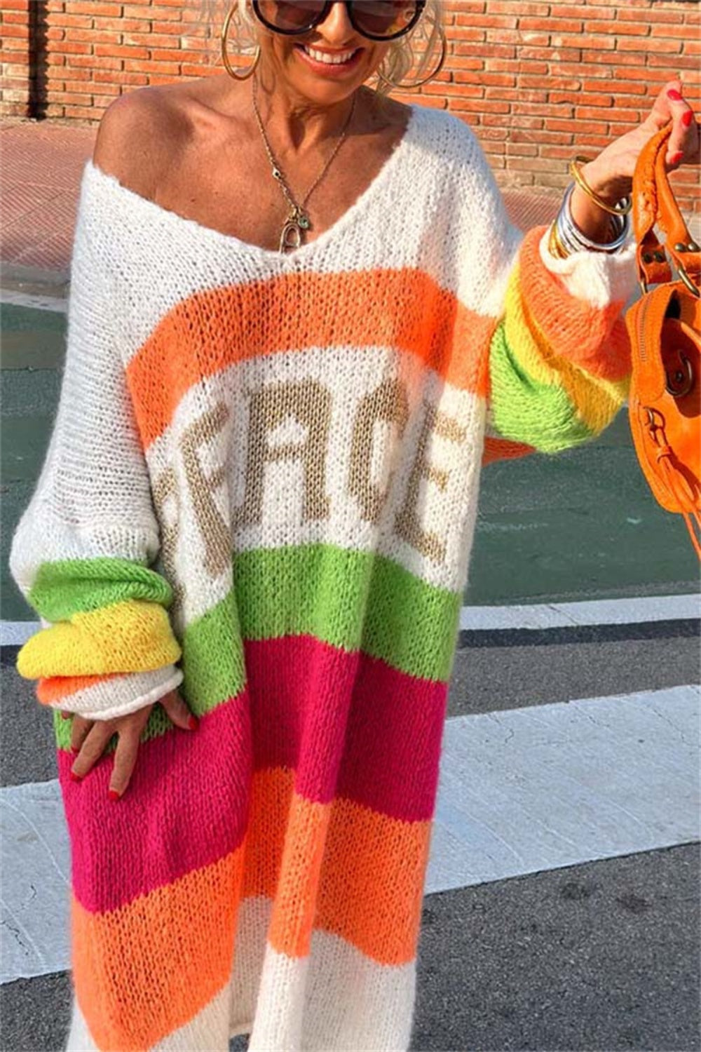 Bouncing Doodle Color Block V-Neck Long Sleeve Sweater Dress