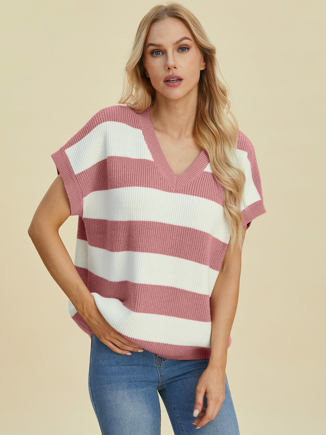 The Bouncing Doodle Striped V-Neck Short Sleeve Sweater