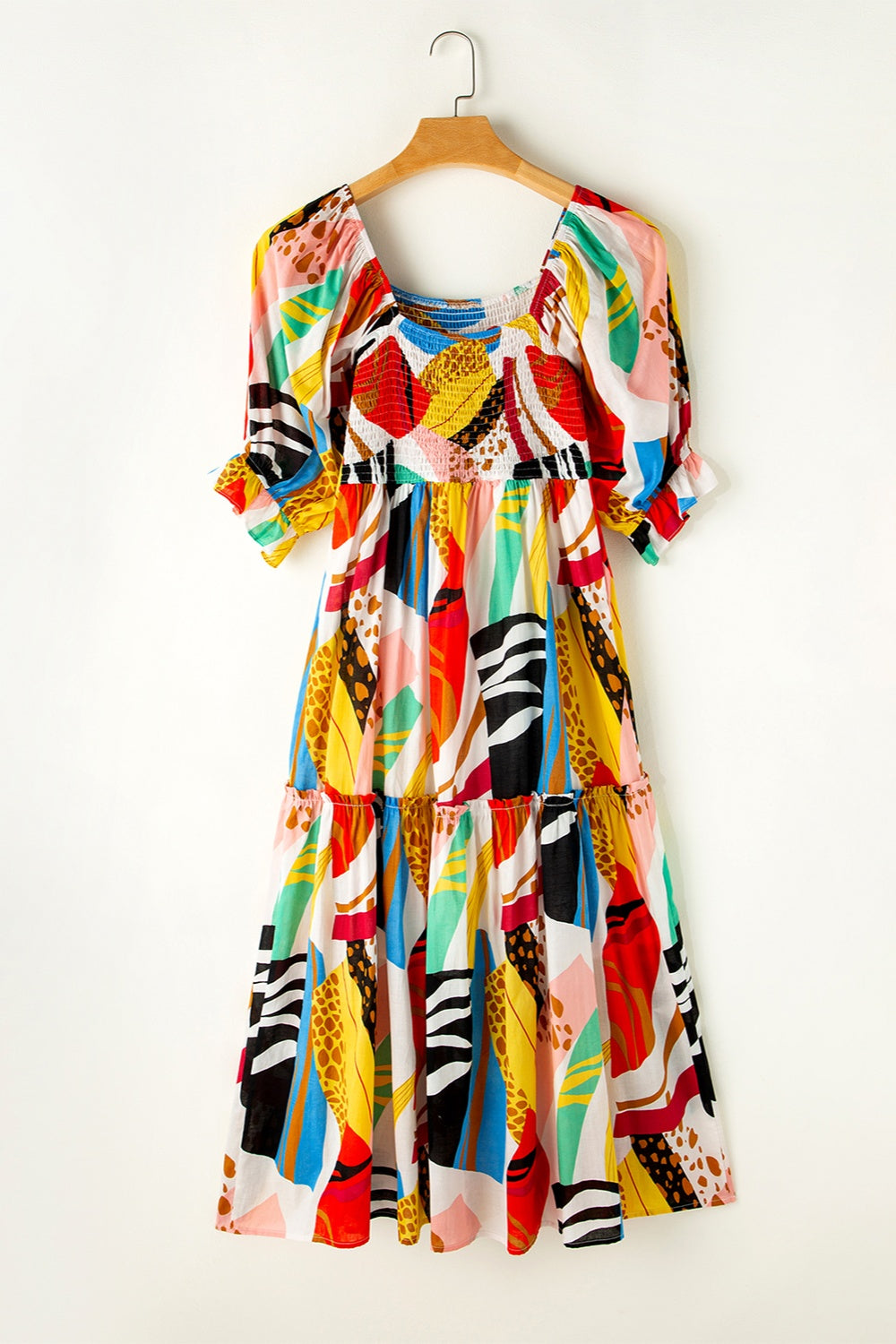 Bouncing Doodle Printed Square Neck Short Sleeve Midi Dress