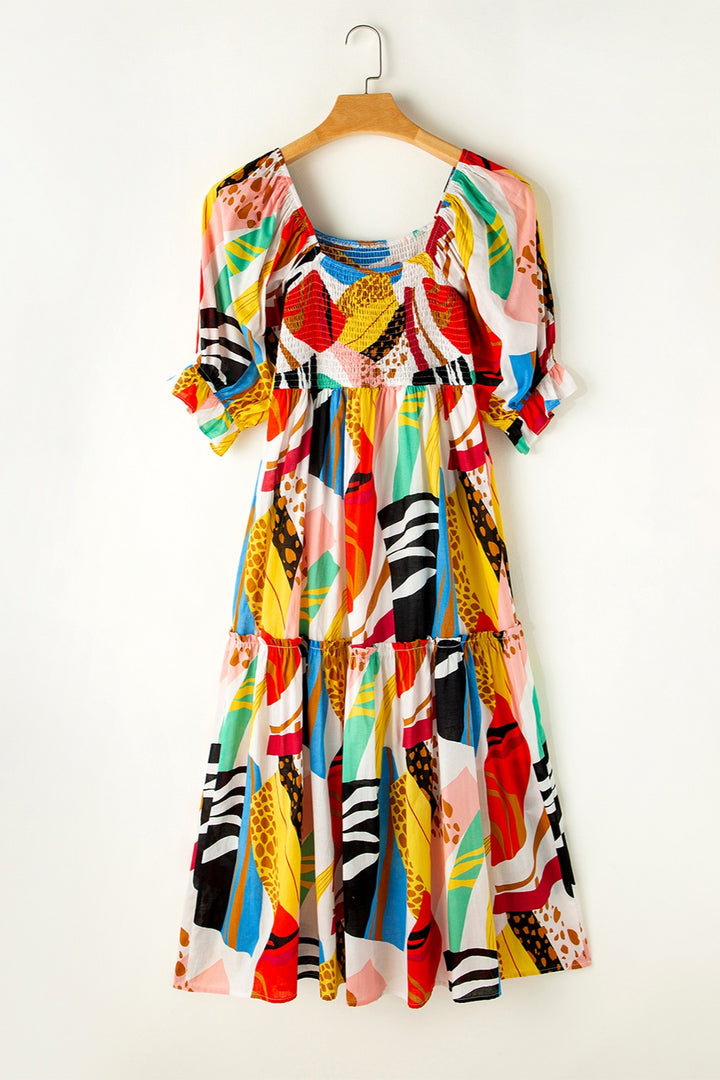 Bouncing Doodle Printed Square Neck Short Sleeve Midi Dress