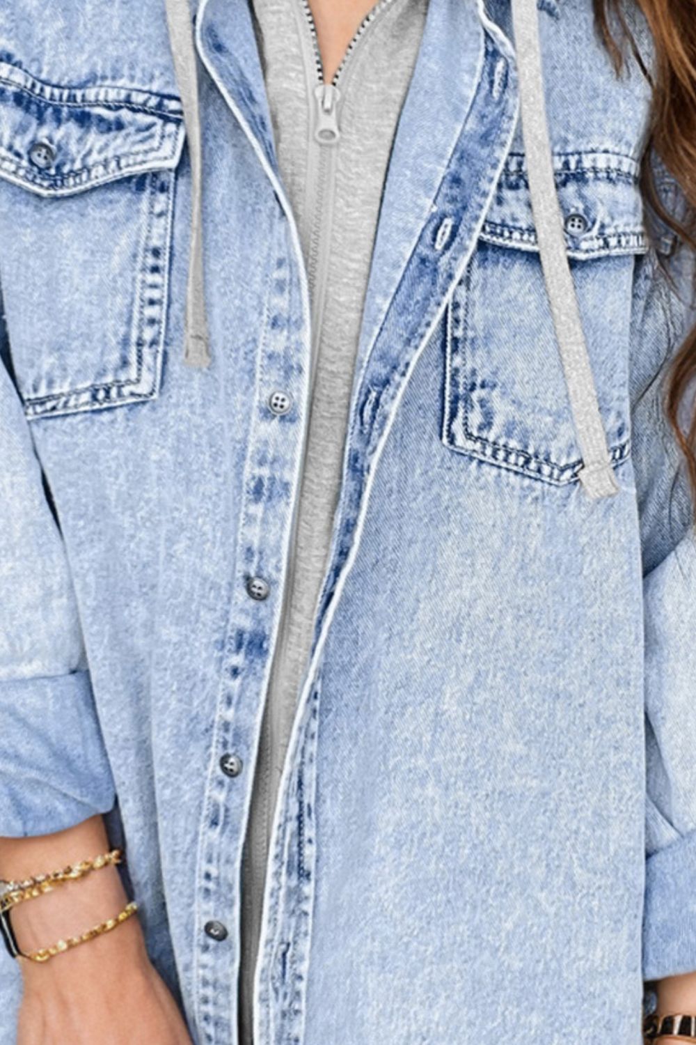 Bouncing Doodle Distressed Button Up Long Sleeve Denim Jacket