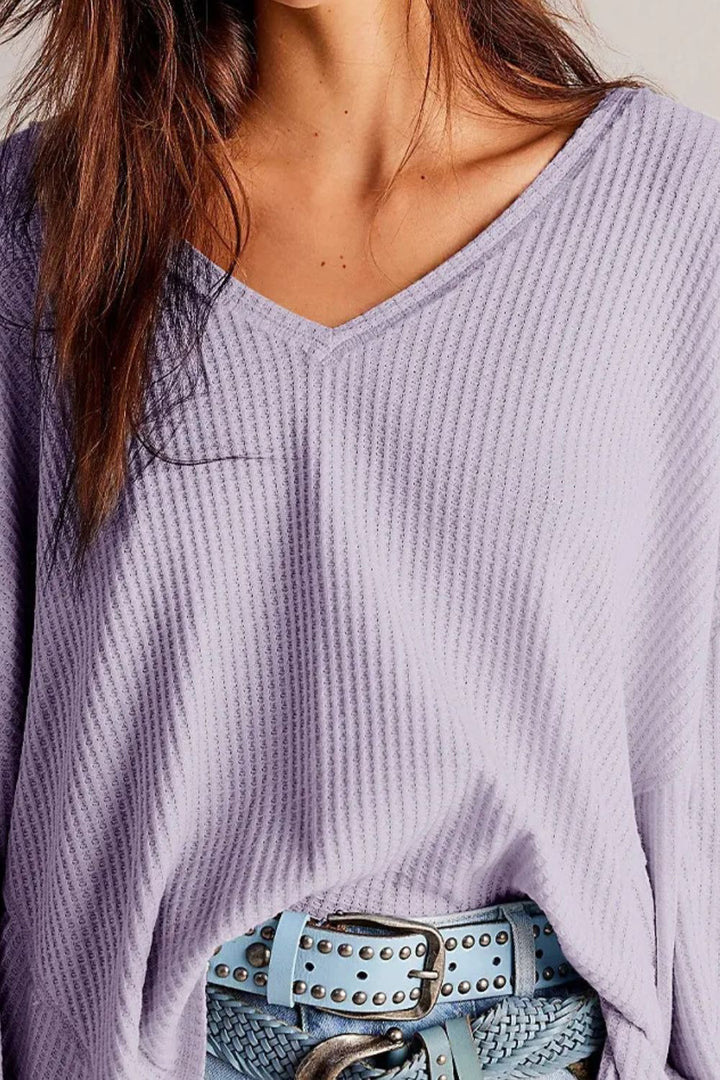 The Bouncing Doodle Waffle-Knit V-Neck Long Sleeve Top