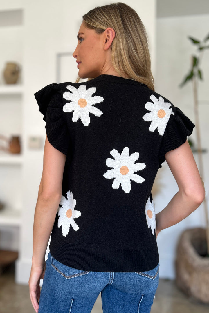 The Bouncing Doodle Ruffled Flower Round Neck Cap Sleeve Sweater