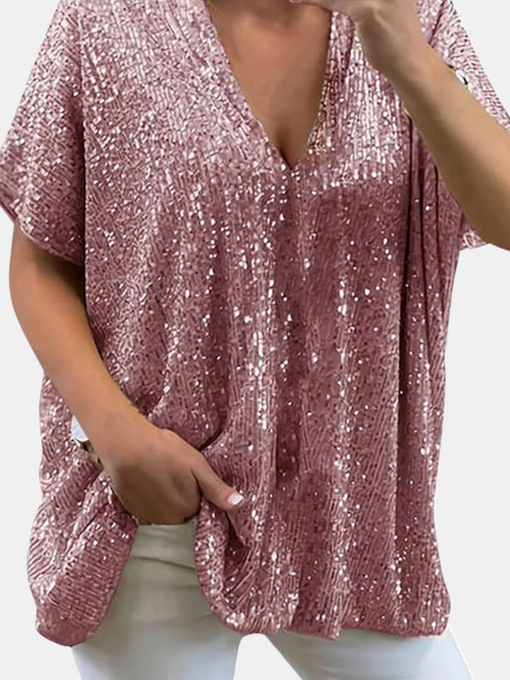 Bouncing Doodle Sequin V-Neck Short Sleeve Top