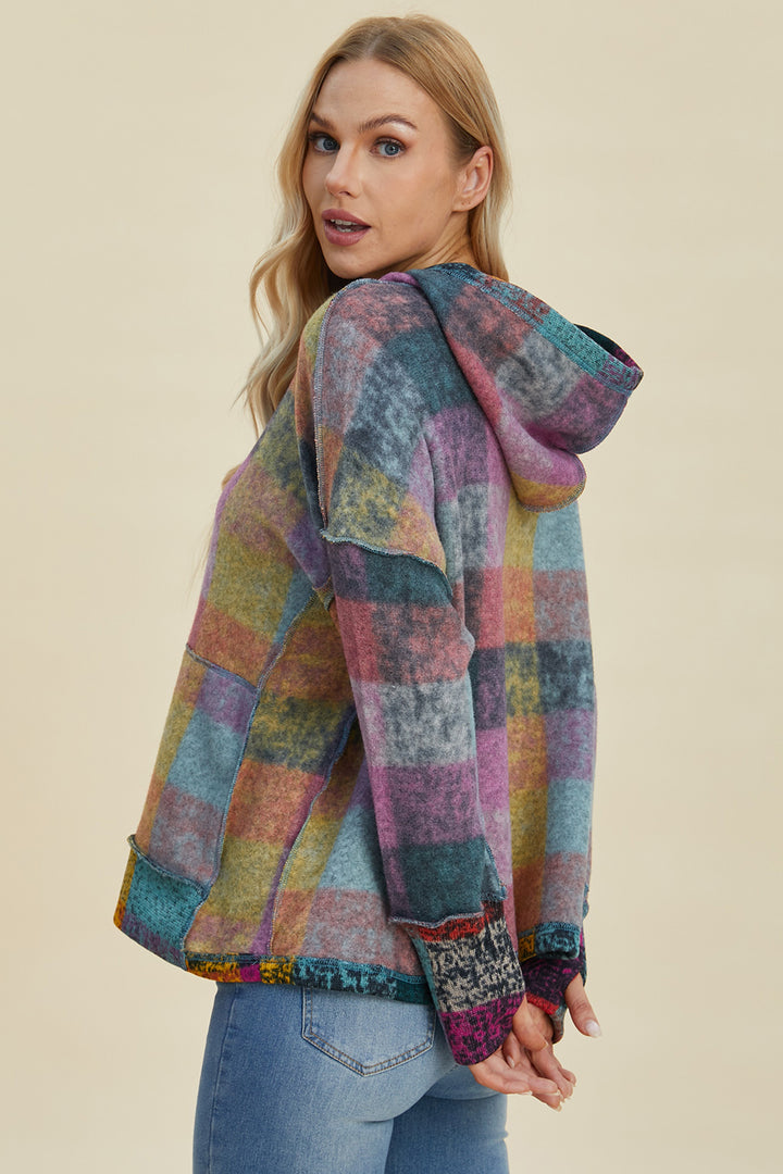 The Bouncing Doodle Plaid Dropped Shoulder Hoodie