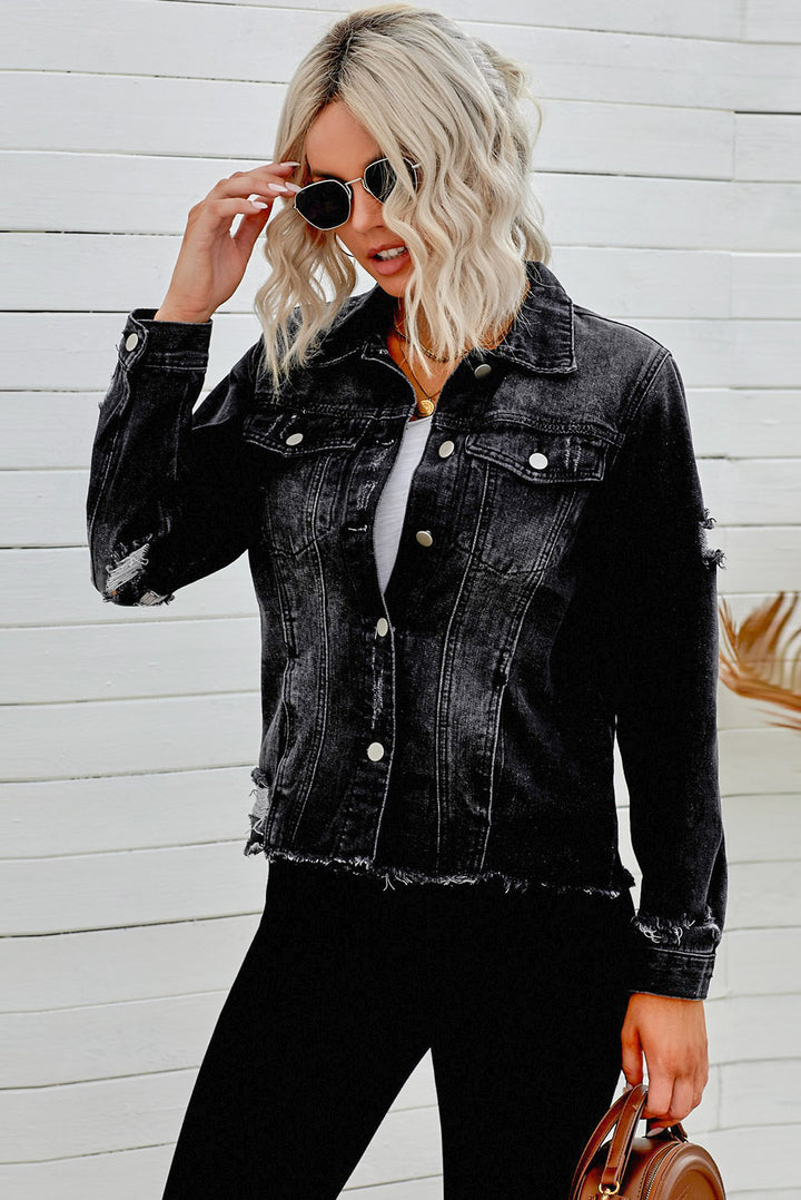 Bouncing Doodle Distressed Raw Hem Denim Jacket