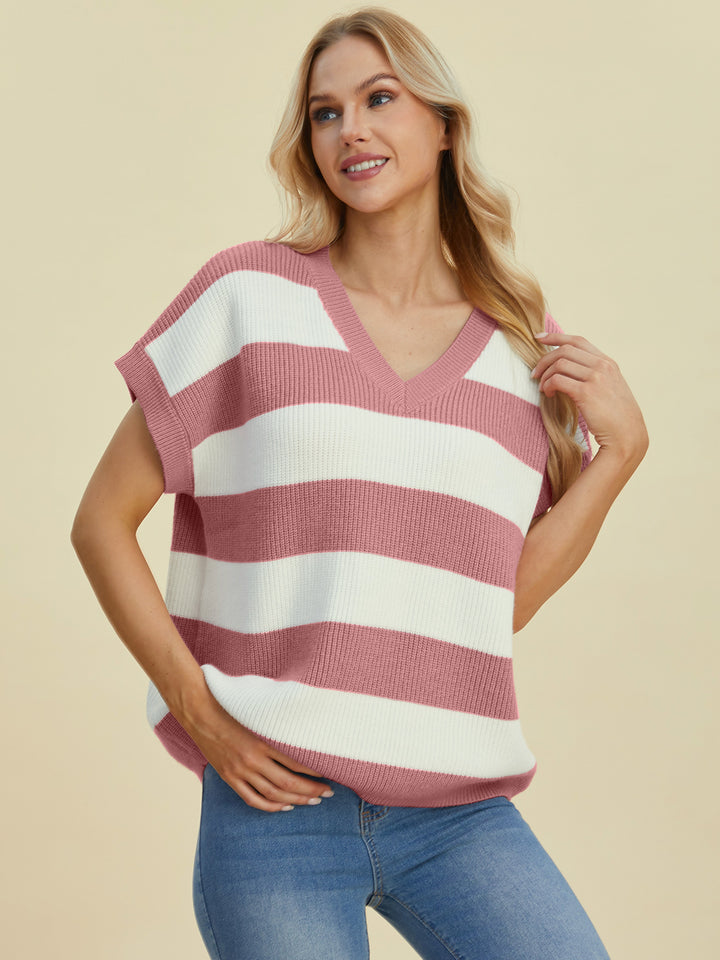 The Bouncing Doodle Striped V-Neck Short Sleeve Sweater